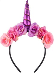 Bloemen eenhoorn haarband paars unicorn diadeem - paarse hoorn glitter - bloemetjes roze paars festival