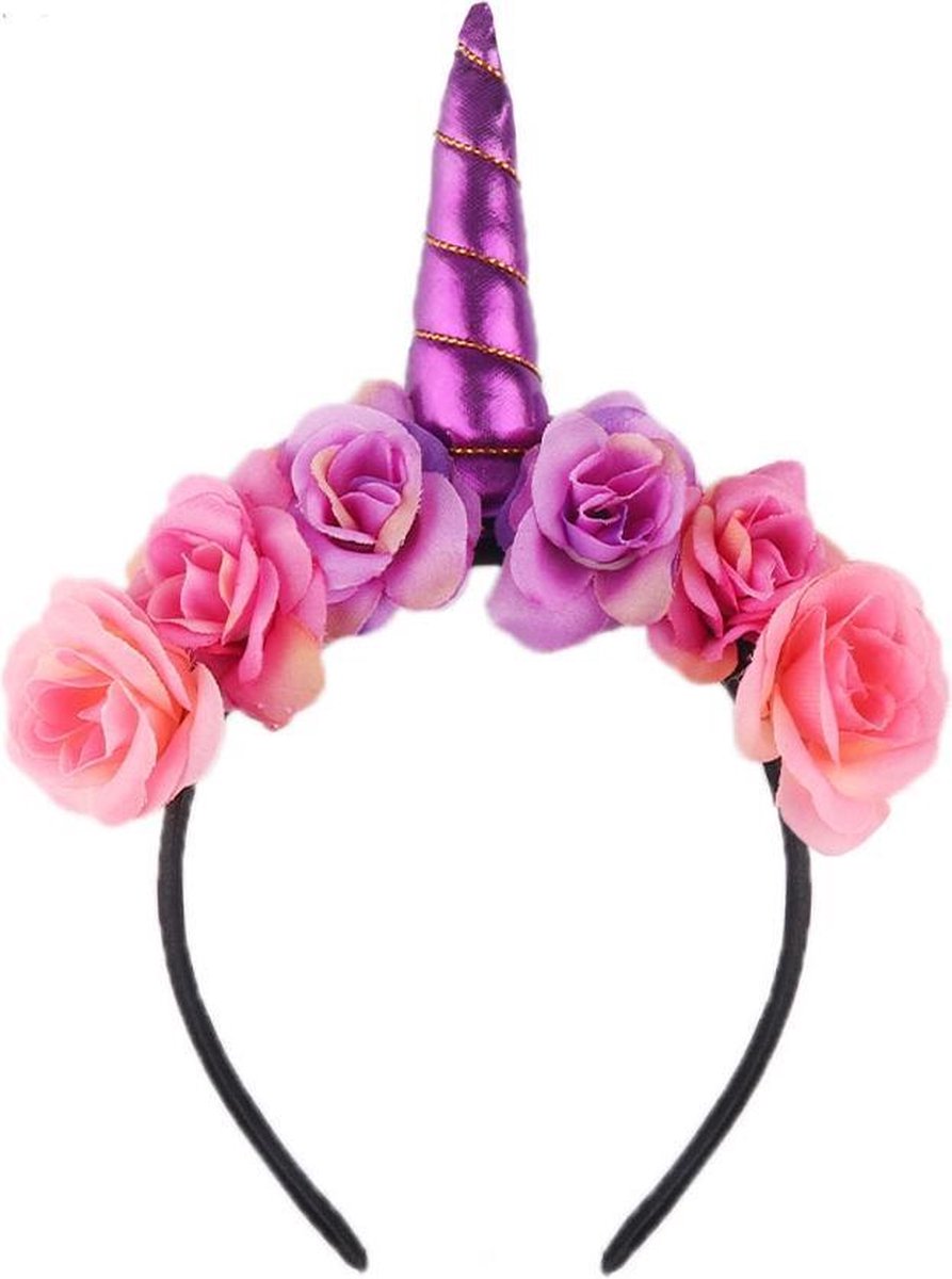 Bloemen eenhoorn haarband paars unicorn diadeem - paarse hoorn glitter - bloemetjes roze paars festival