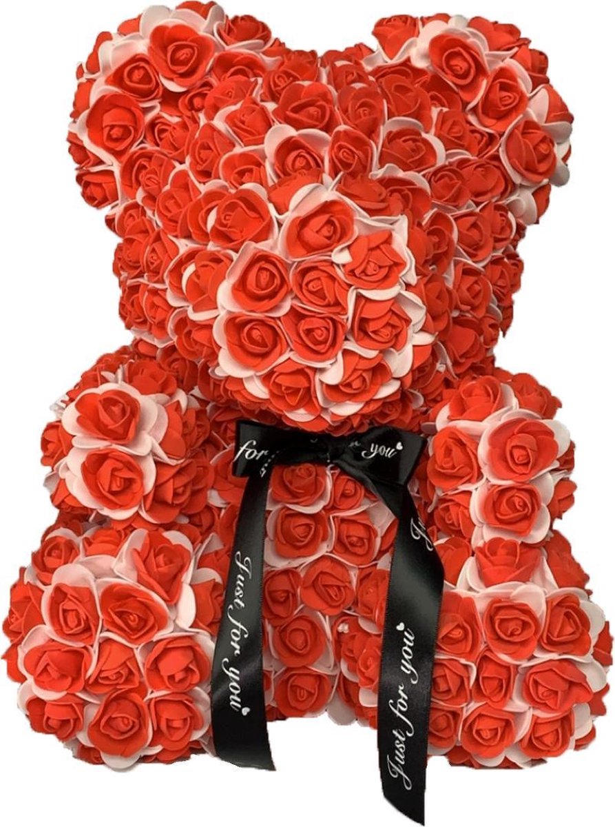 Kenjiro - Valentine rozen - teddy beer met strik - 40 cm - Valentijnscadeau - Love - rood - wit