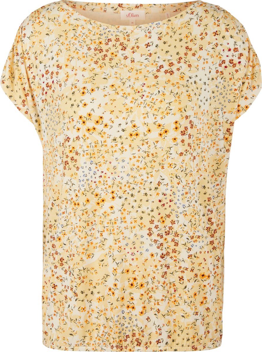 s.Oliver Shirt Dames Kapmouwen - Losse Pasvorm - Brede Halslijn - Geel met Bloemenprint - Maat XS (34)