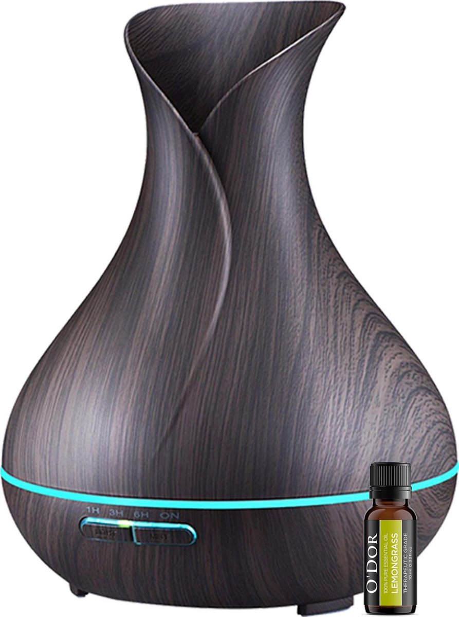 O'dor® Aroma Diffuser met Lemongrass Etherische Olie - Ultrasone Vernevelaar Bevochtiger Verdamper - Donkerbruin