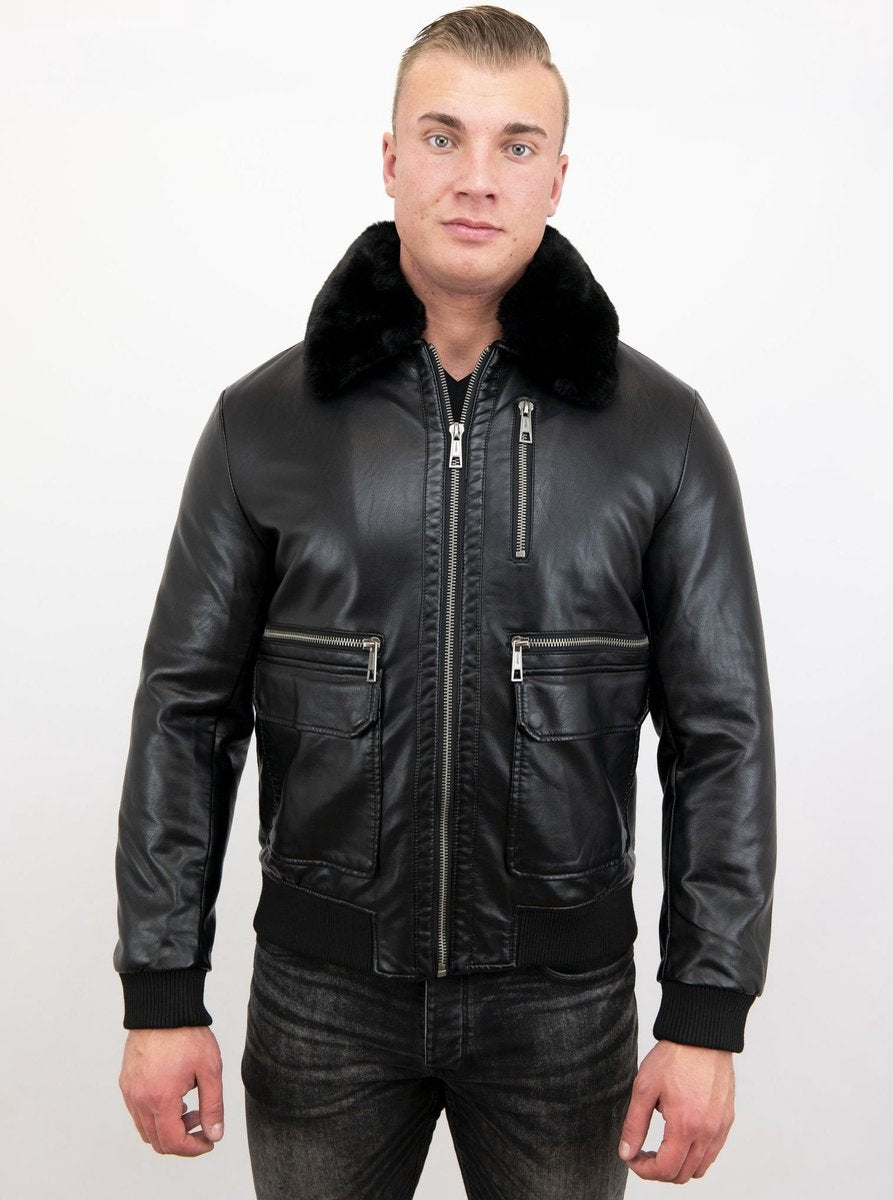 WARREN WEBBER Imitatie Leren Piloten Jas Heren - Zwart - Maat: XL