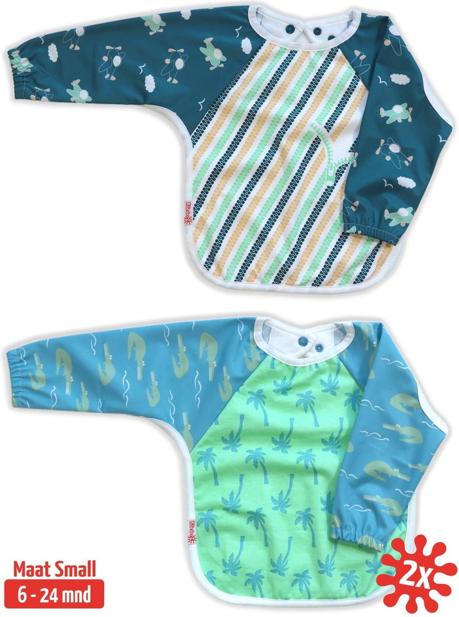 Slab met mouwen set 2 stuks | KliederZ lange mouwslab 6 - 24 mnd | jongen babyslab Vliegtuigen & Jungle LB02