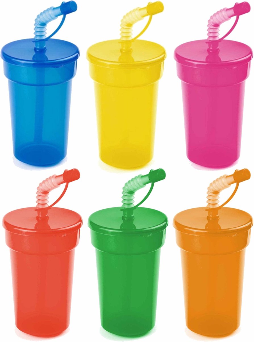 Set van 12x stuks afsluitbare kunststof drinkbekers 400 ml met rietje - 2x per kleuren groen