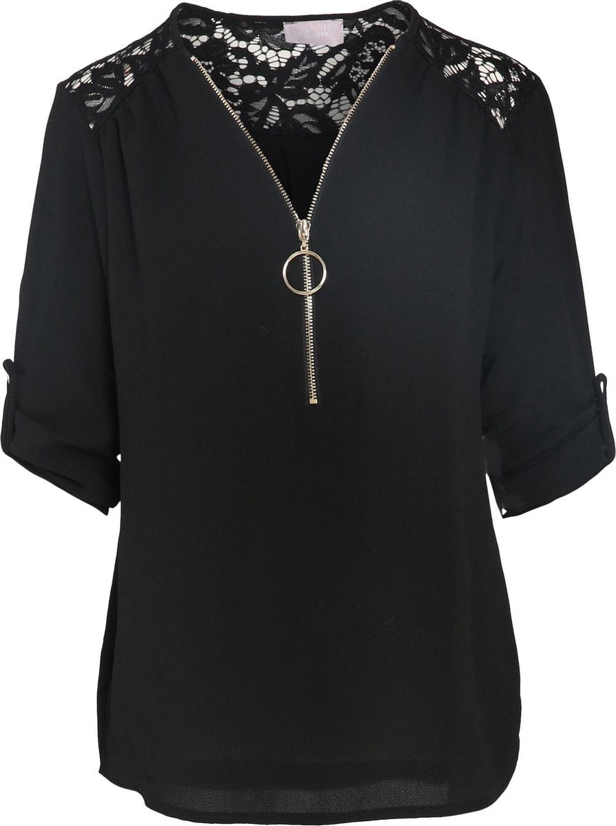 Cassis - Blouse met kant aan de hals - Zwart