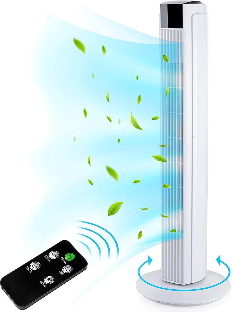 Tresko- Torenventilator wit- oscillerend- 80 cm- 3 snelheden- timerfunctie
