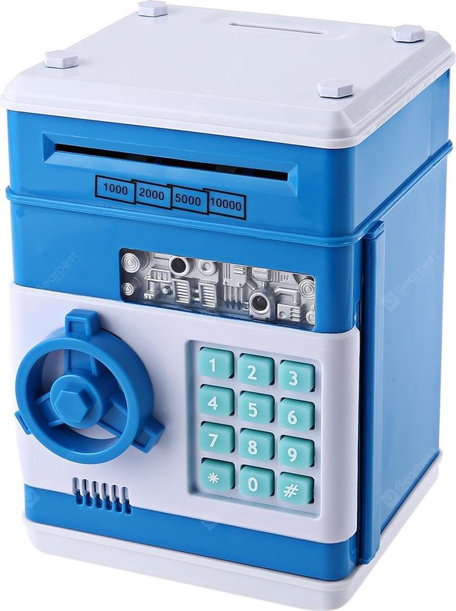 Kluis met Pincode - Lichtblauw - Spaarpot Kind - Munten & Briefgeld - Automatisch Briefgeld Inname Roller - Spaarvarken