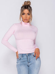 PARISIAN Rib Knit Polo Neck Long Sleeve -Dames Top - Roze