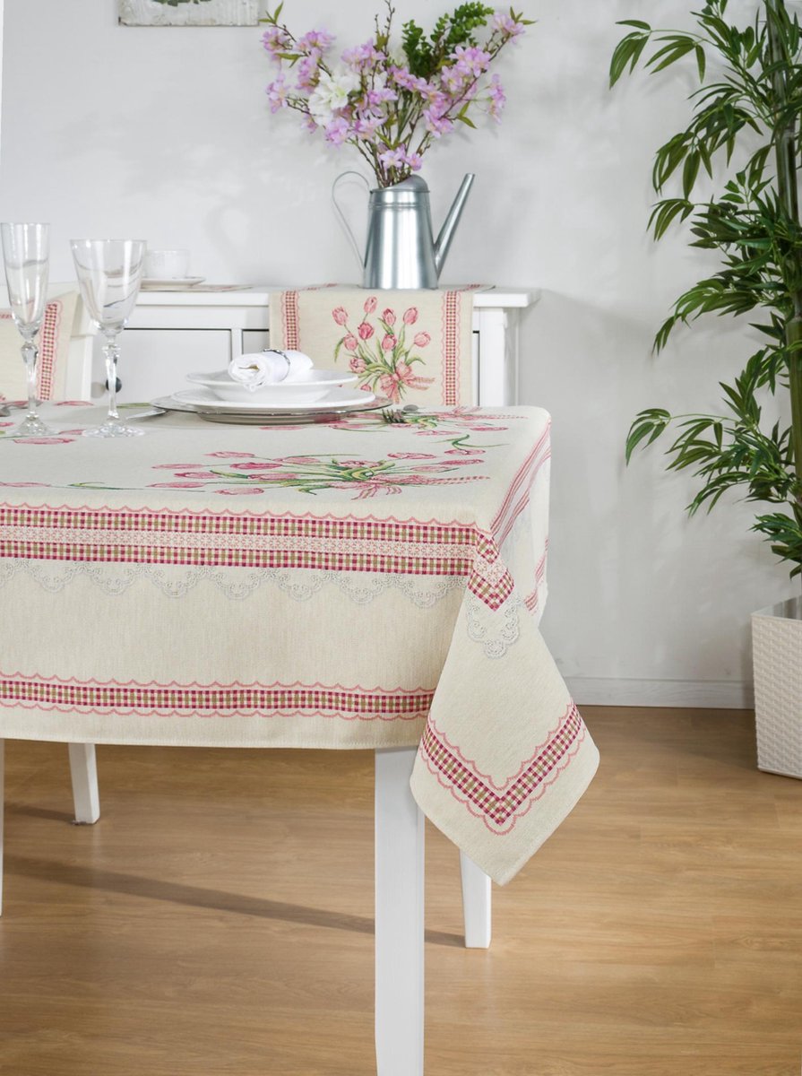 Placemat - Loper 45 cm - luxe gobelinstof - boeket Tulpen met ruiten rand