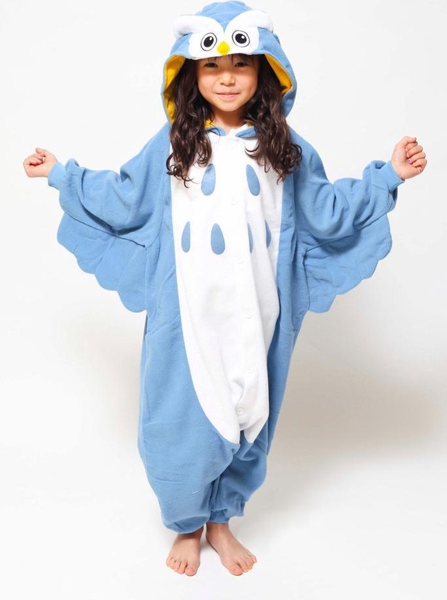 KIMU Onesie uil kinder pak blauw kostuum - maat 146-152 - uilenpak jumpsuit pyjama