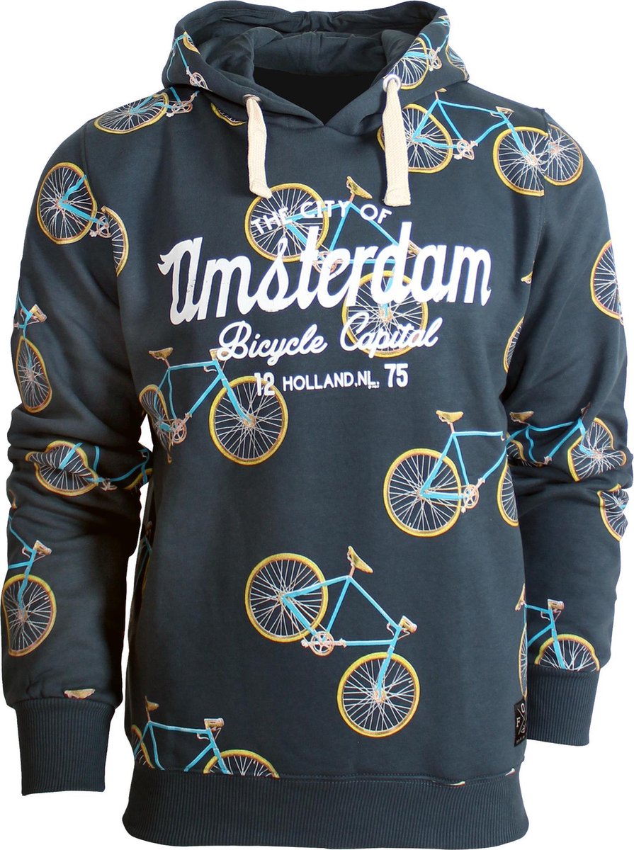 Fox Originals Hoodie Bike Patern Heren & Dames Amsterdam Capuchon Trui Katoen Blauw M
