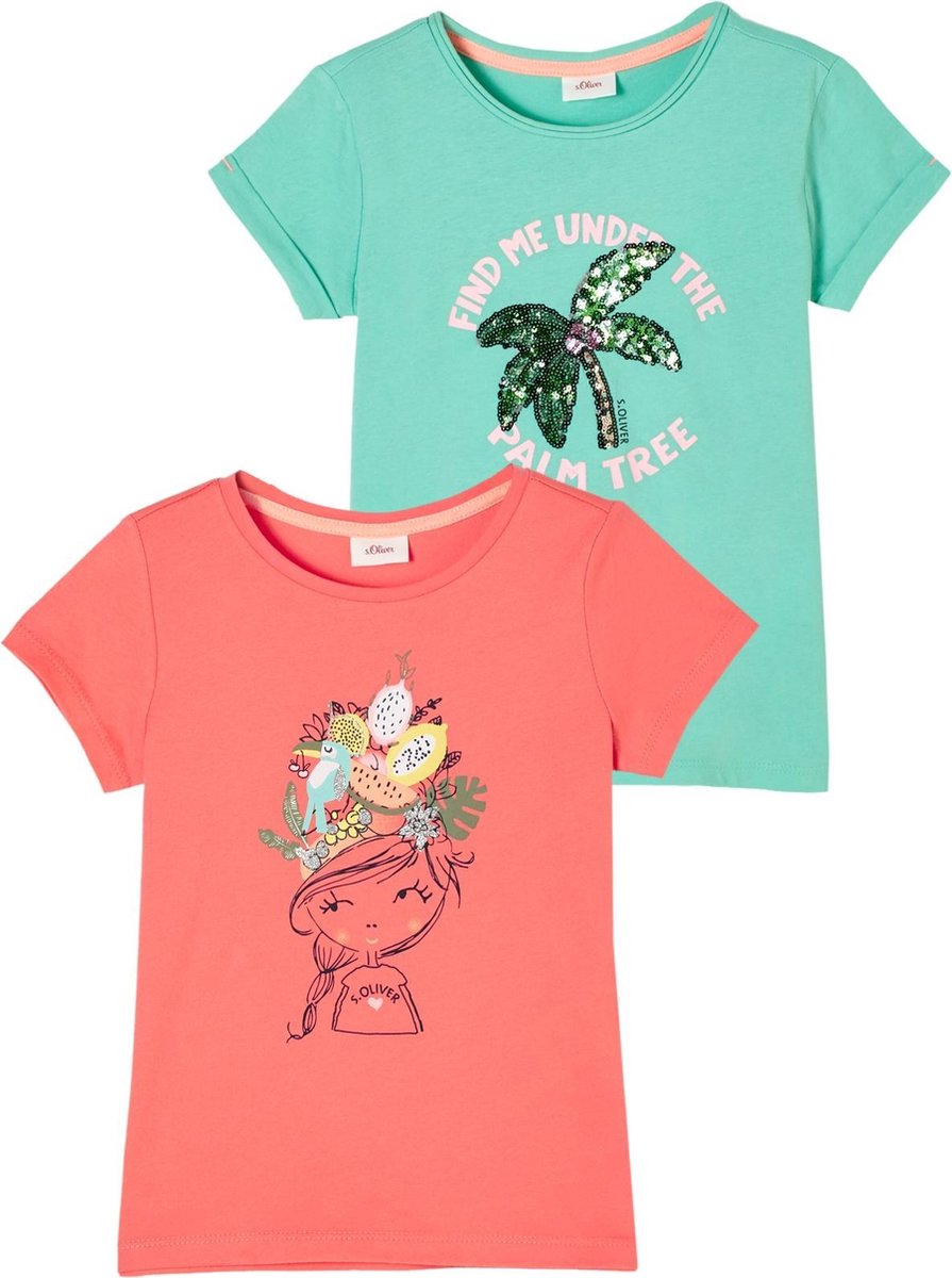 s.Oliver Meisjes T-shirt Set - Korte Mouwen - 100% Katoen - Blauw & Roze - Maat 128