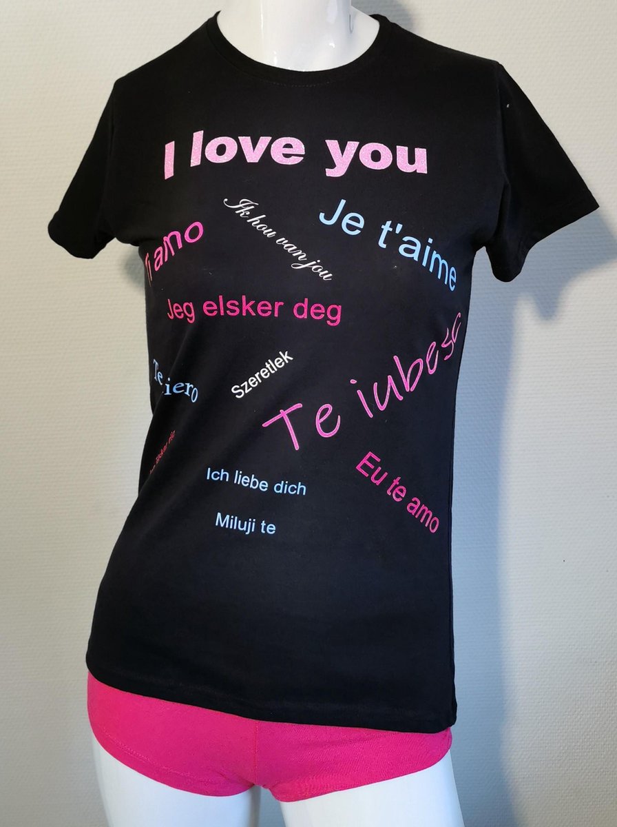 Dames T-shirt Zwart I love you S
