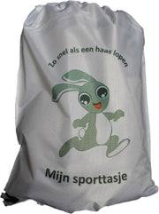 Sporttasje "LOPENDE HAAS" wit - Zwemzakje - Turnzakje - Rugzakje