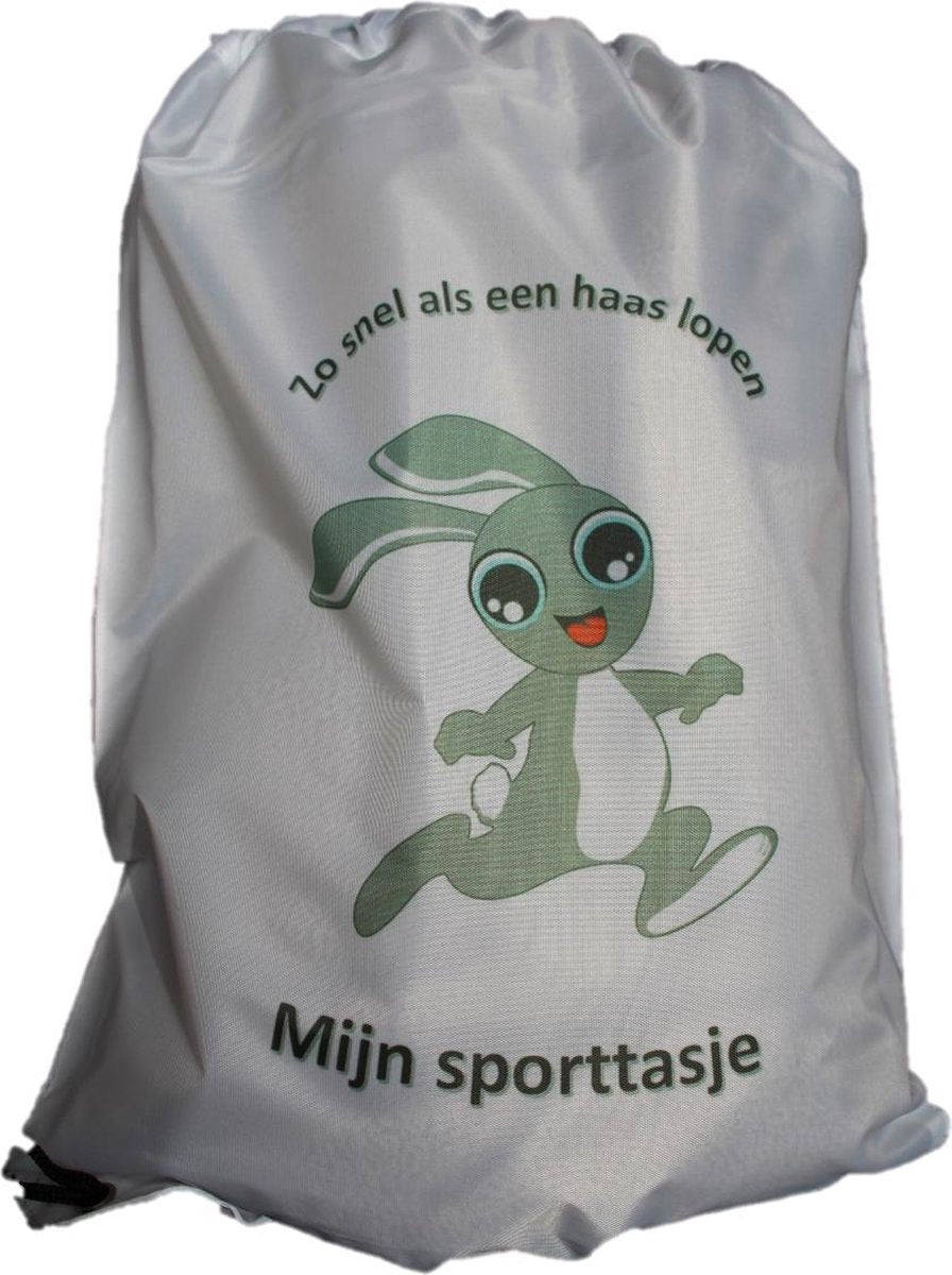 Sporttasje "LOPENDE HAAS" wit - Zwemzakje - Turnzakje - Rugzakje