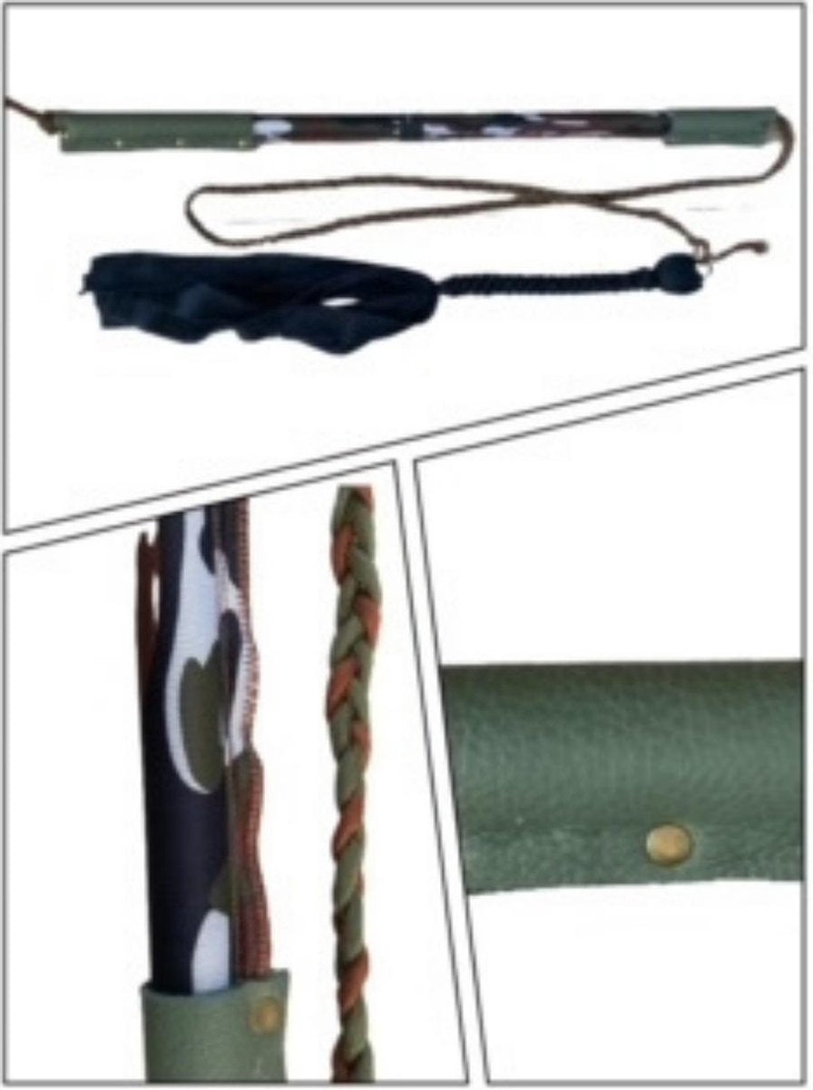 Hondenspeelgoed Flirtpole maat 1 in de kleuren camouflage zwart/bruin/groen/wit. Hondenhengel. Hondentraining. MadeByShuko