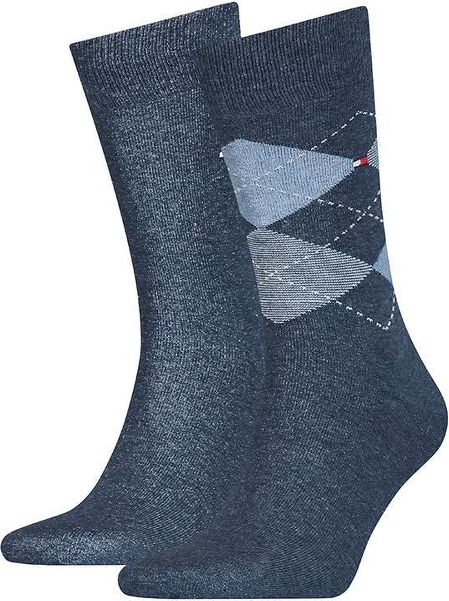 Tommy Hilfiger Check Socks (2-pack) - herensokken katoen - geruit en uni - jeans blauw -  Maat: 39-42