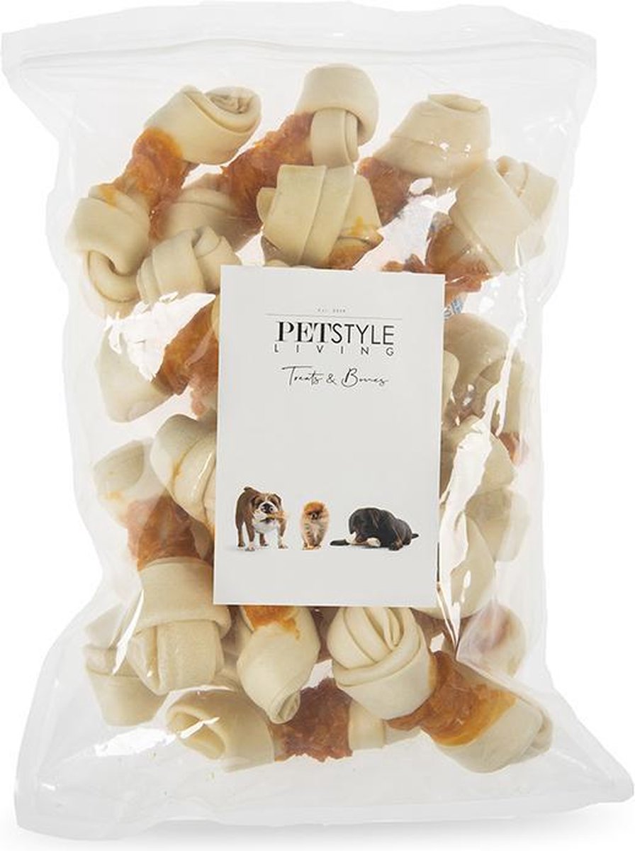 Petstyleliving - Wit geknoopt bot met kip 10-11cm - 20 stuks - Hondensnack