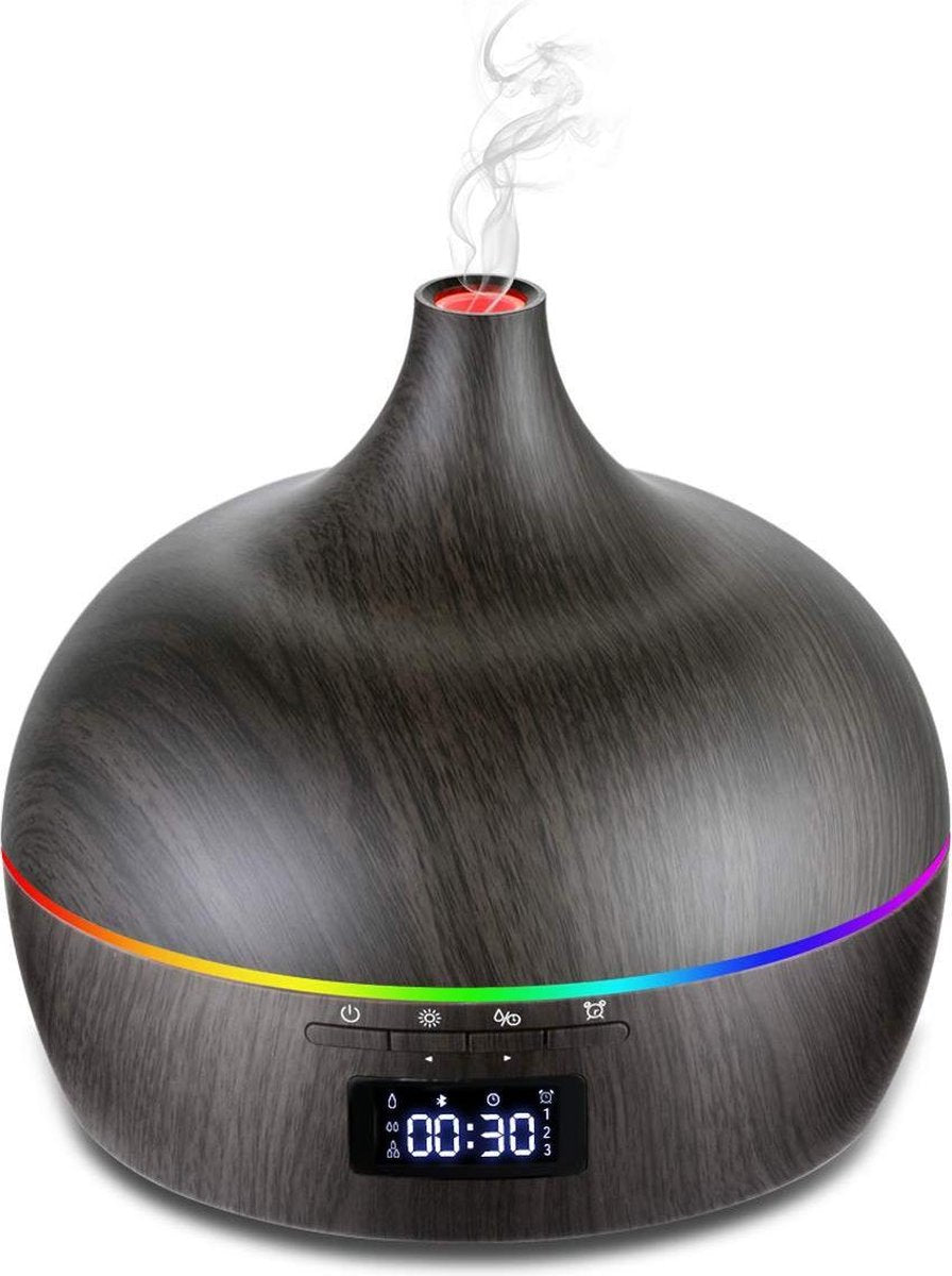 Devacieux Aroma Diffuser - Digitale Klok - Bluetooth Speaker - Luchtbevochtiger Aromatherapie - 500 ML - Donkerhout