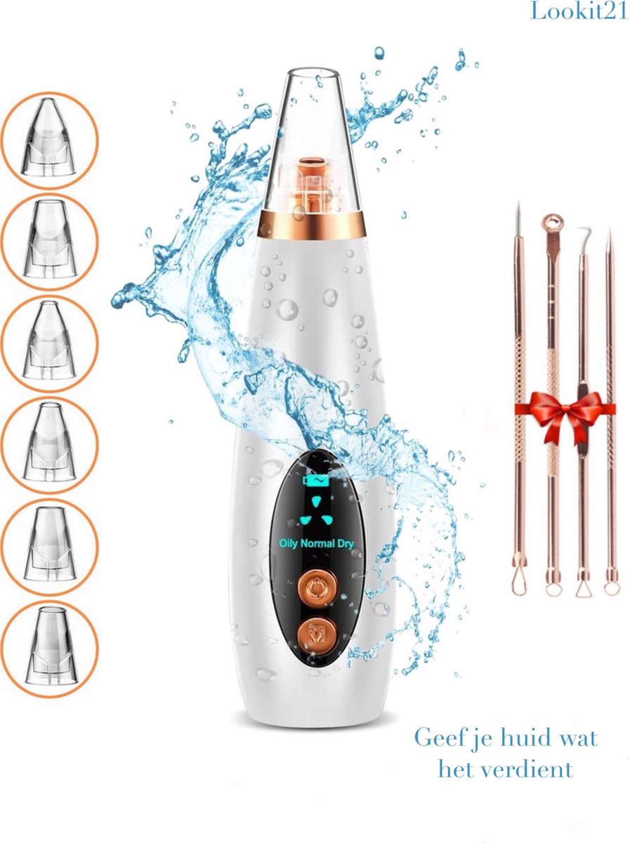 Blackhead Remover - Gezichtreiniger - Vacuüm Mee Eter Verwijderaar – 3 Snelheden – Puisten Verwijderaar – Blackhead Remover Vacuüm – Mee Eters Verwijderen Vacuüm – Pore Vacuüm Cleaner – Poriën Reiniger – 6 Opzetstukken – Incl. Comedonenlepel Set