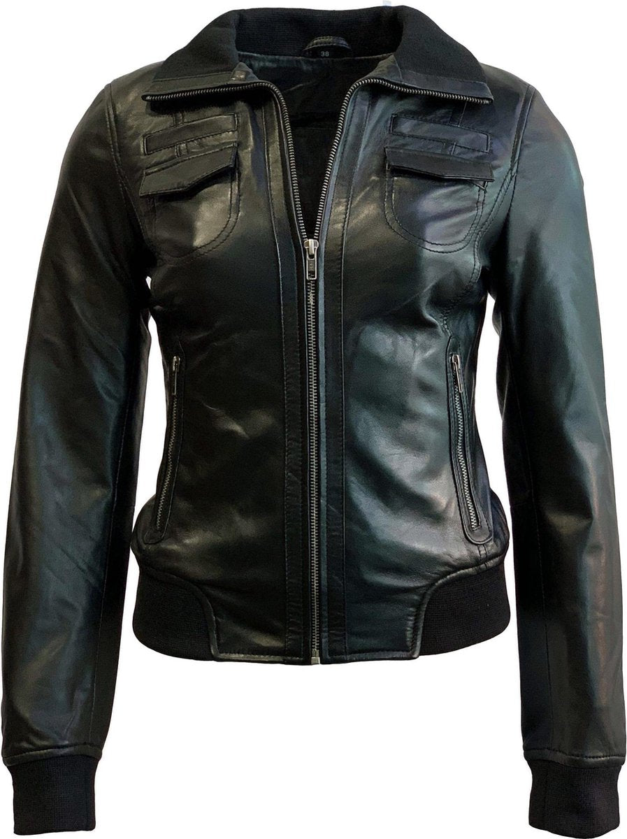 Leren bomber dames jas zwart- bomberdina - 46