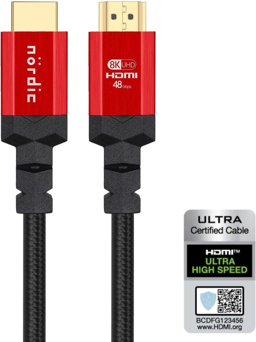 NÖRDIC HDMI-N1053 HDMI Ultra High Speed kabel - Gecertificeerd - 8K HDMI 2.1 - 5m - Zwart/Rood
