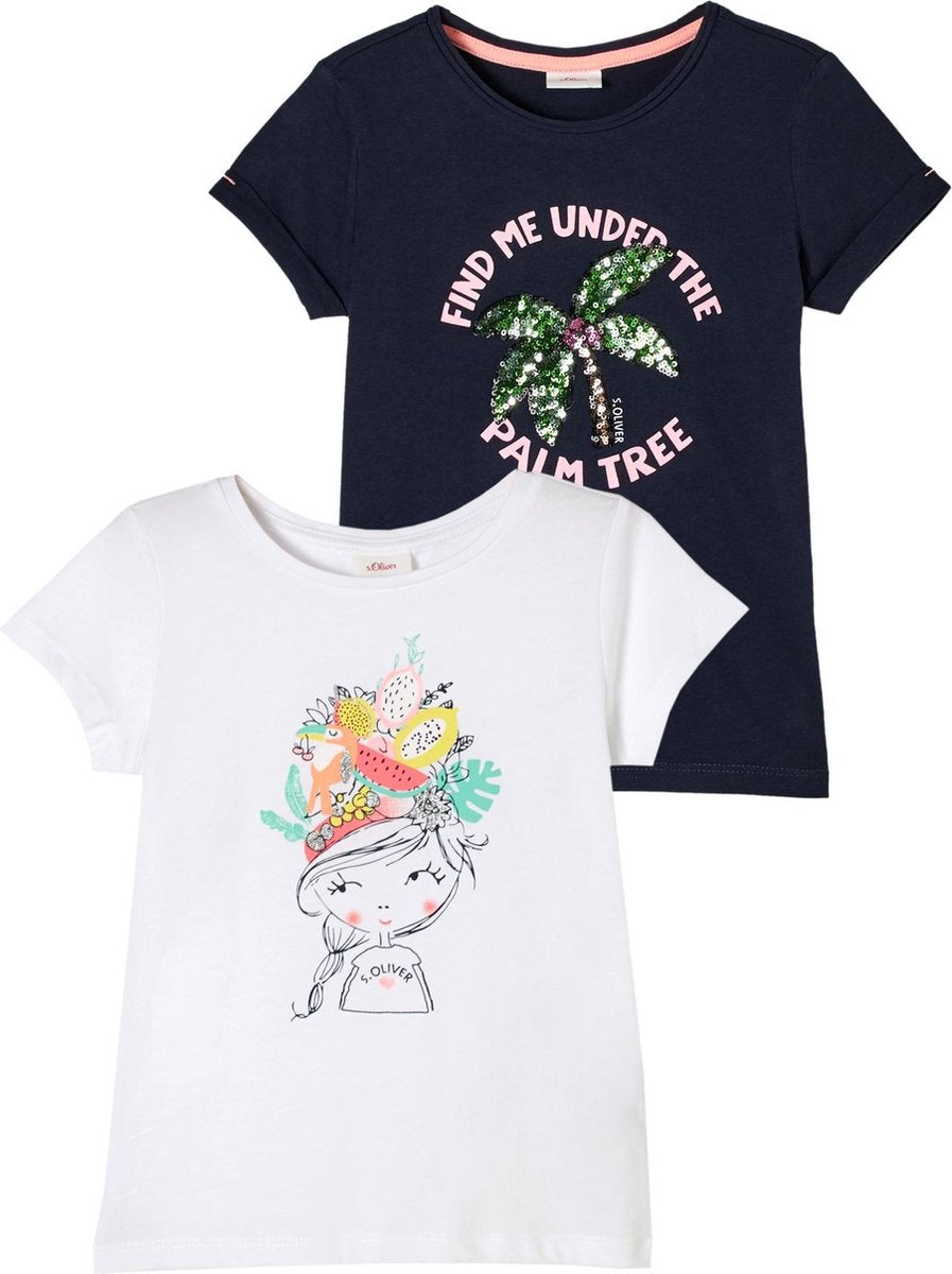 s.Oliver Meisjes T-shirt Set - Korte Mouwen - 100% Katoen - Wit & Zwart - Maat 104
