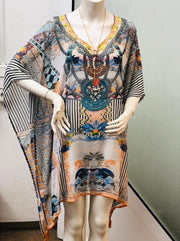 Dames tuniek met print en steentjes onesize 36-44 wit/blauw