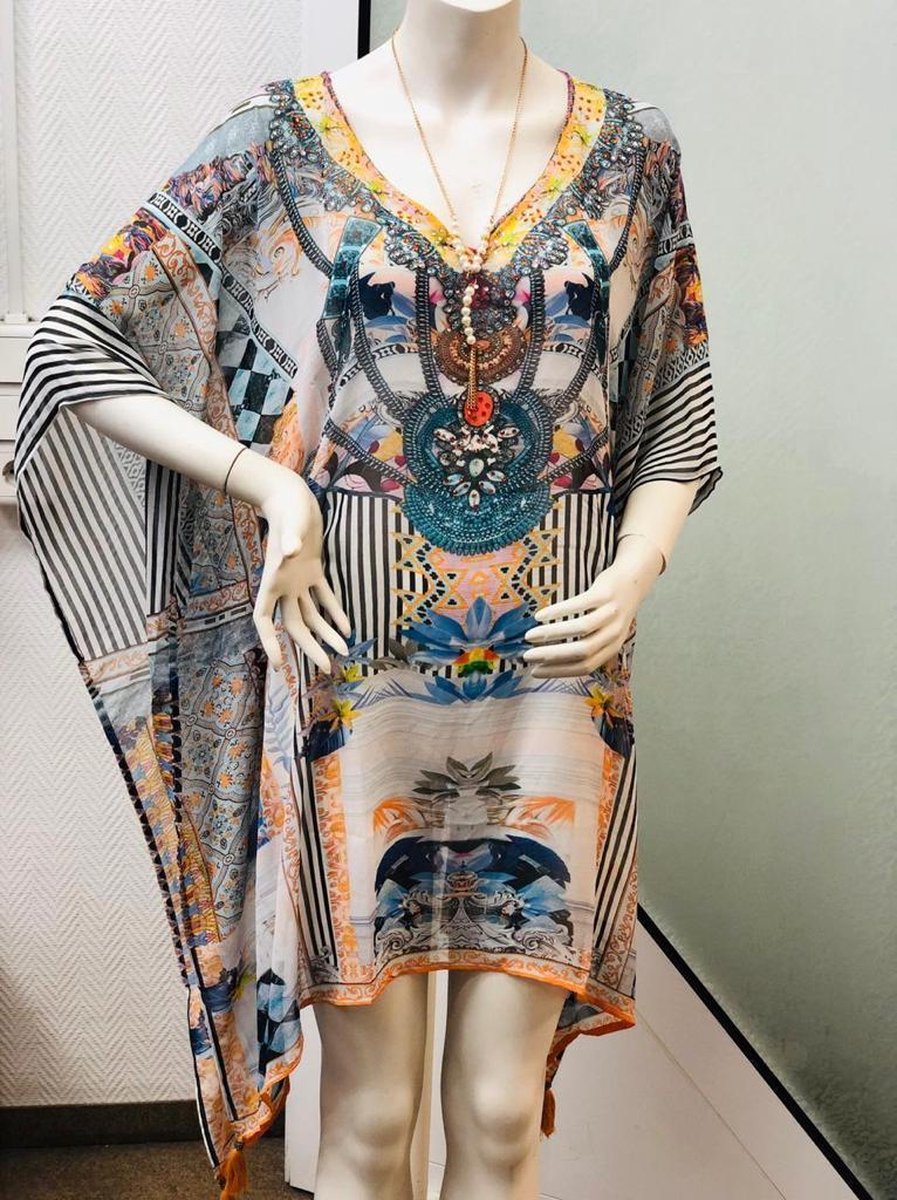 Dames tuniek met print en steentjes onesize 36-44 wit/blauw