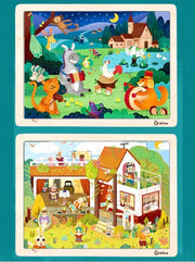 Onshine - Twéé verschillende sets 24 stukjes hoge kwaliteit lasergesneden houten puzzel met leuke standaards - Muzikanten van Bremen & Konijnenfamilie - kinderpuzzel dieren