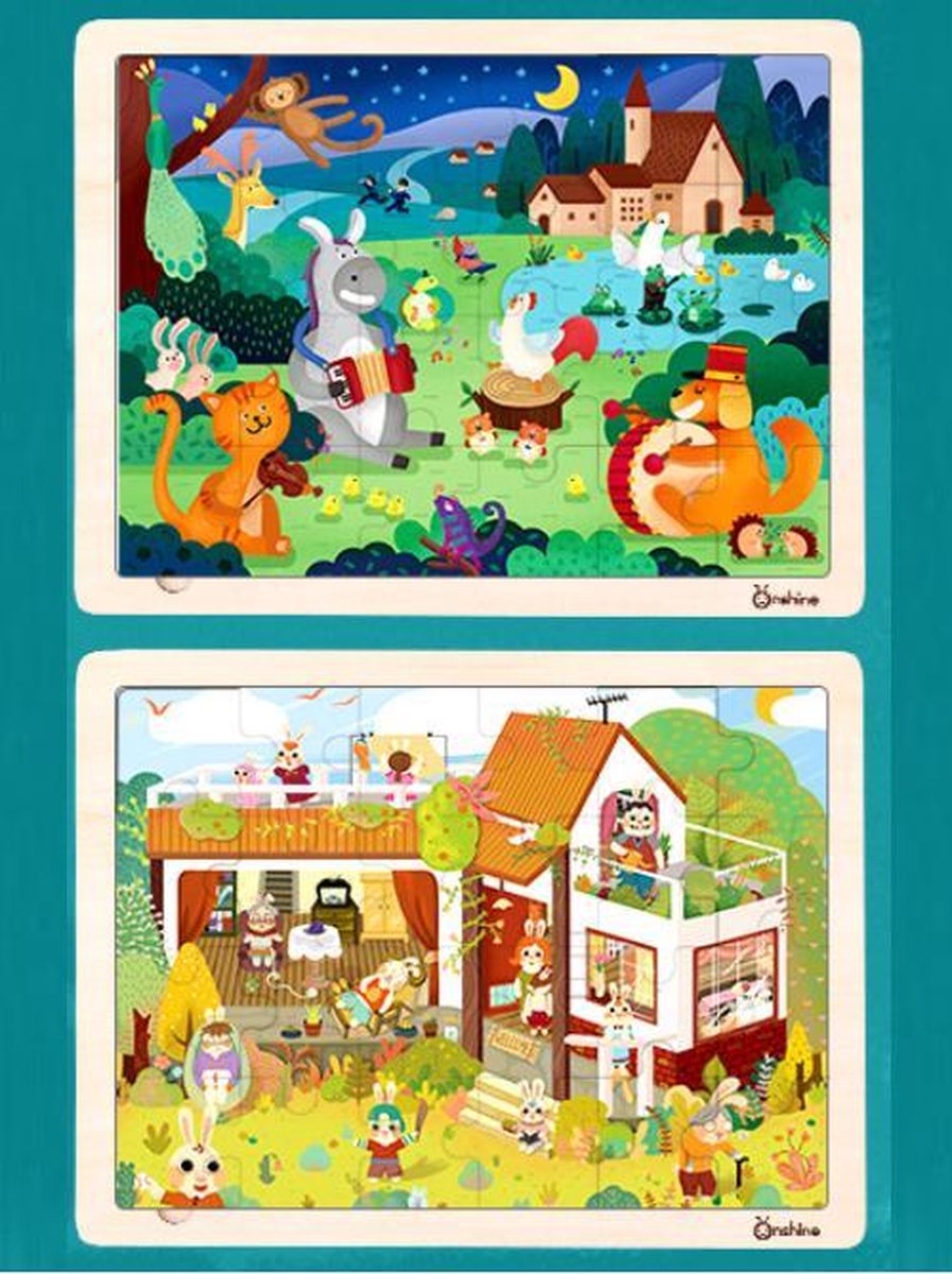 Onshine - Twéé verschillende sets 24 stukjes hoge kwaliteit lasergesneden houten puzzel met leuke standaards - Muzikanten van Bremen & Konijnenfamilie - kinderpuzzel dieren