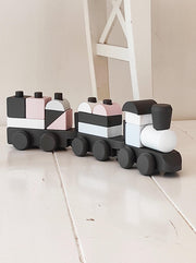 Toys Again.nl - Blokken trein - Antraciet - Wit - Roze - Blauw - 18-delig - Baby - Kinderen - Houten speelgoed - 45x8x13 cm