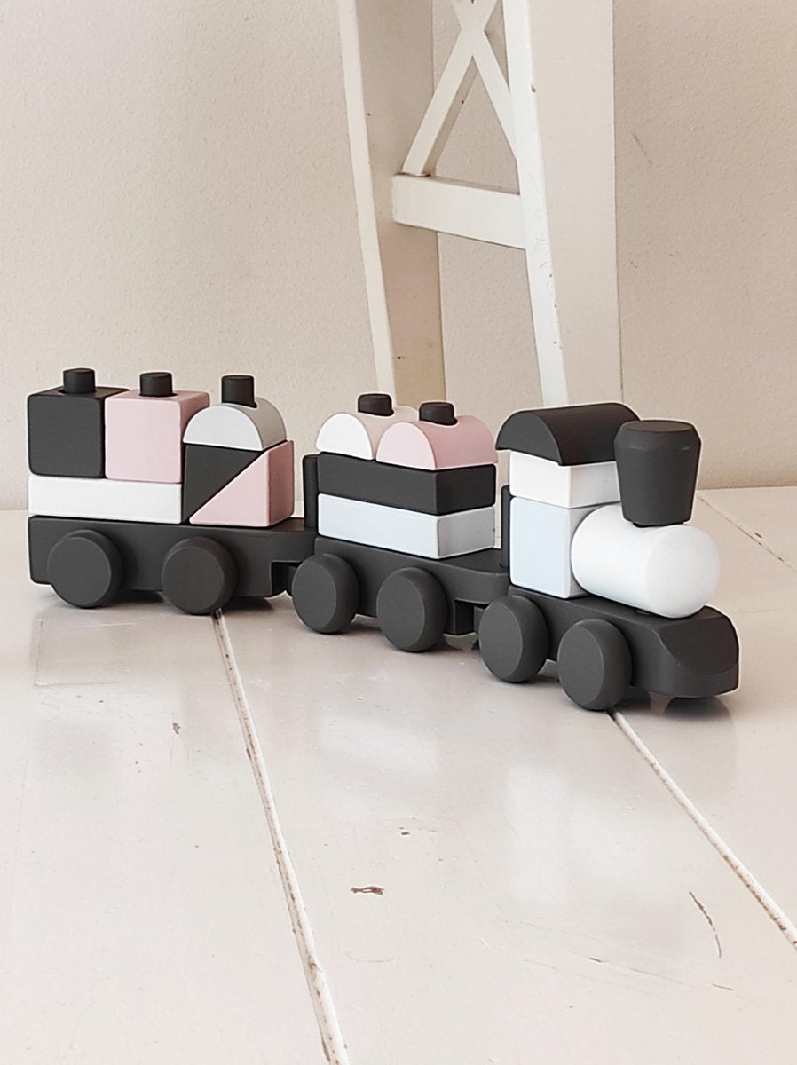 Toys Again.nl - Blokken trein - Antraciet - Wit - Roze - Blauw - 18-delig - Baby - Kinderen - Houten speelgoed - 45x8x13 cm