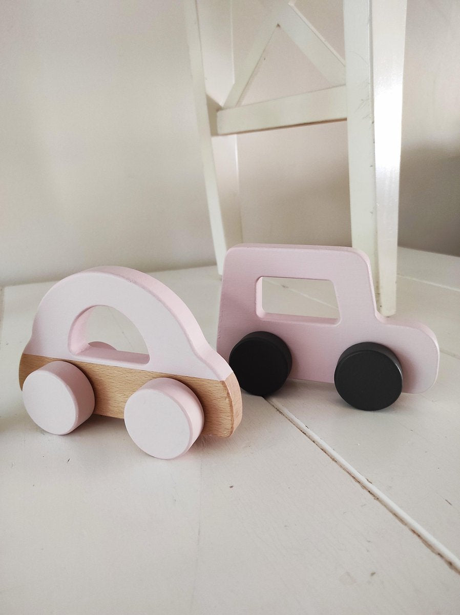 Toys Again.nl - Auto - Hout - 2 stuks - Baby - Kind - Speelgoed - Kleur Roze - 26x14x15 cm