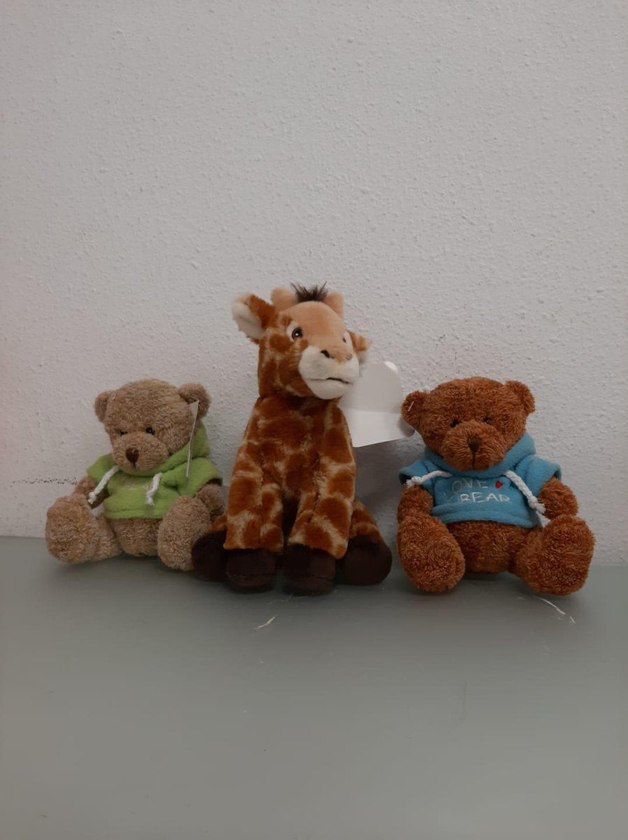 Drie knuffels- Twee beren en een giraffe