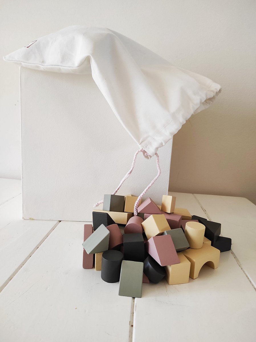 Toys Again.nl - 82 st. Blokken - Hout - Incl. Opbergzak - Baby - Kind - Speelgoed - Antraciet - Roze - Groen - OP=OP