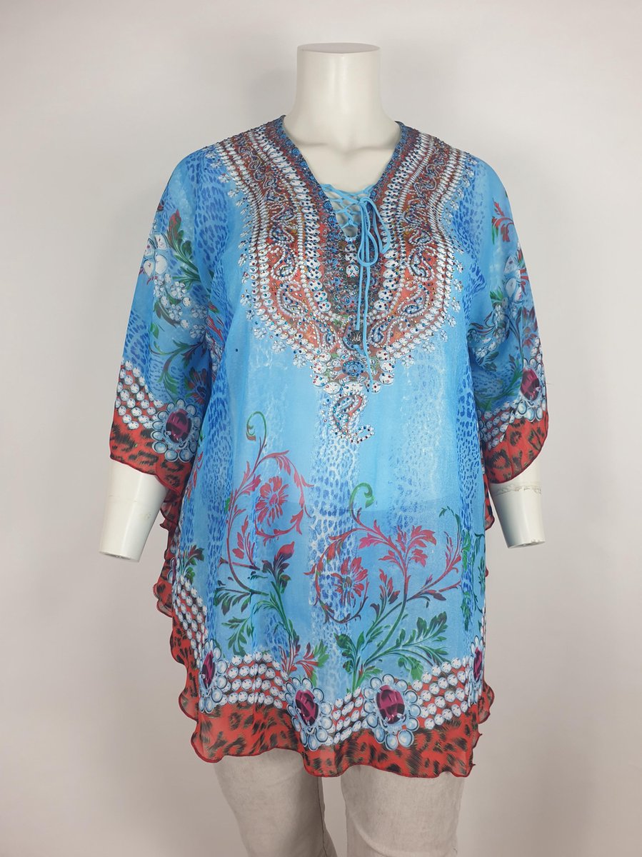 Prachtige strand jurk De diepe V-hals is versierd met striklintjes 42 t/m 46 xl/xxxl Blauw