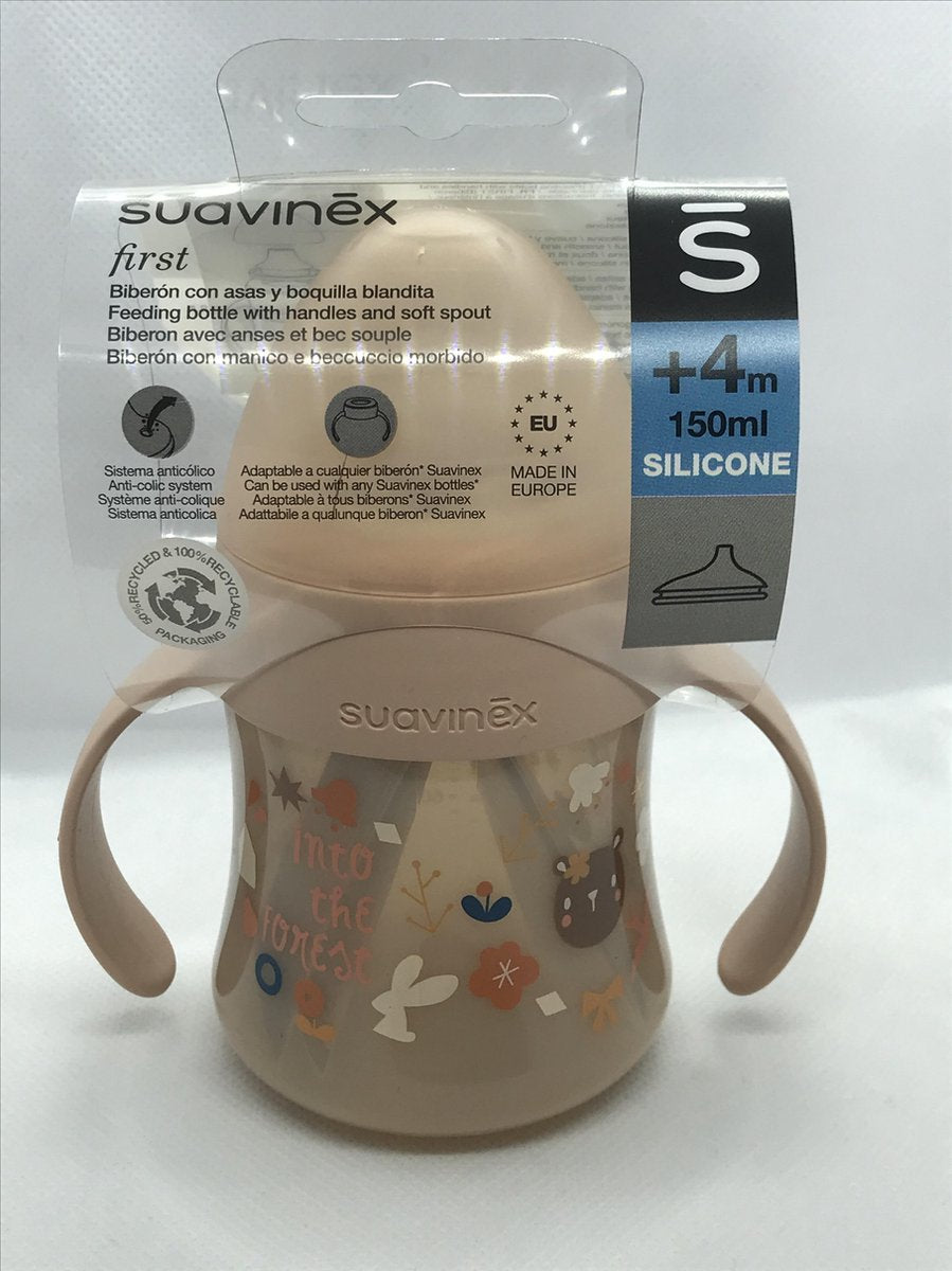 suavinex zuigfles roze met handvat +4m/ 150 ml