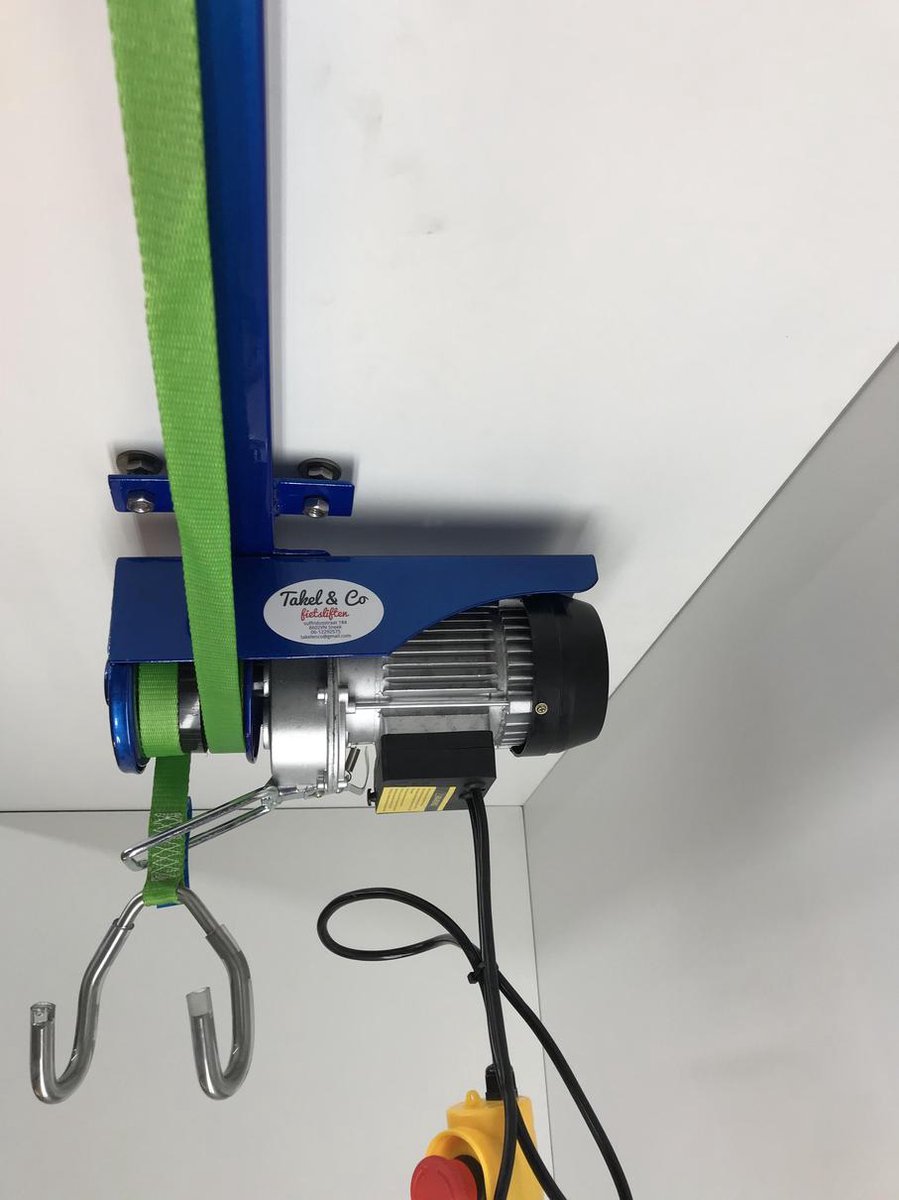 Electrische Fietslift blauw met groene hijsbanden 125kg met CE-Keur certificering