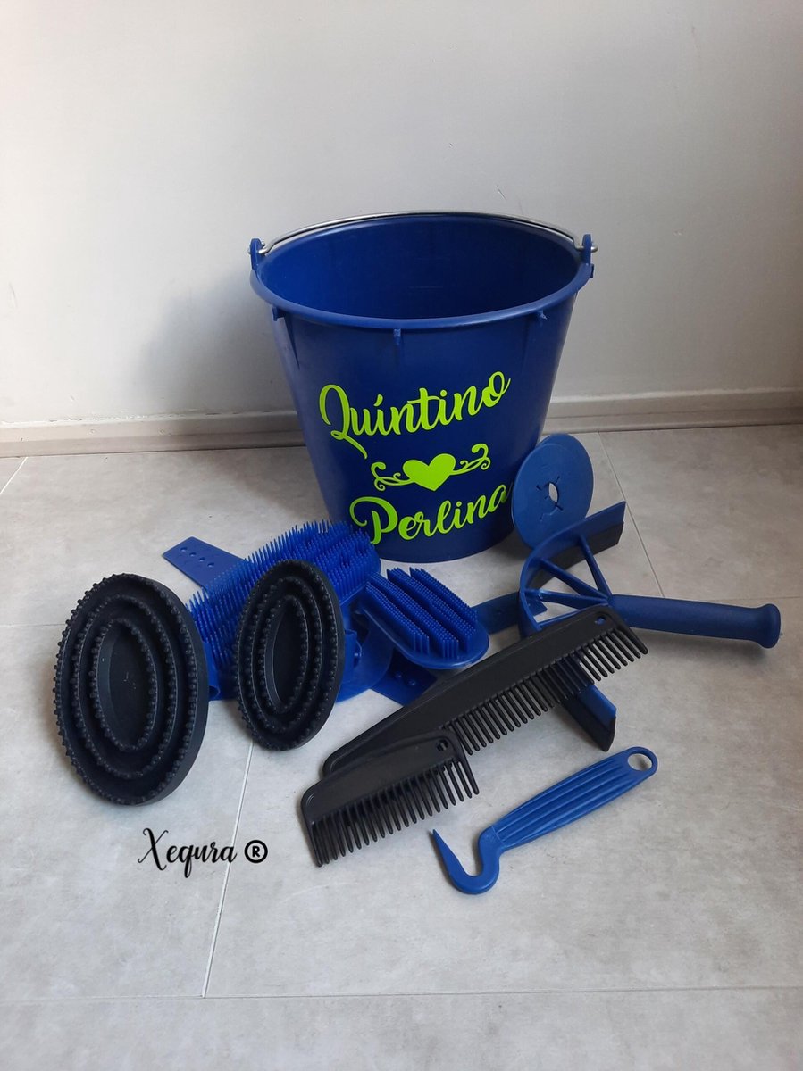 10 Delig gepersonaliseerde Blauwe poets emmer- manenkam-zweetmes-bitringen-roskam-paardekam-hoefkrabber-Glitter-NEON- Pony-Paard- poetsen-Blauw