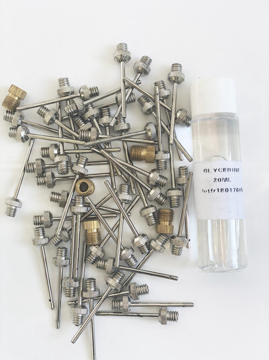 Naaldnippel| Naadnippels | Set van 50 stuks |5 koppelstukjes | 20 ml Glycerine | voor ballenpompen ( hand en electrisch)