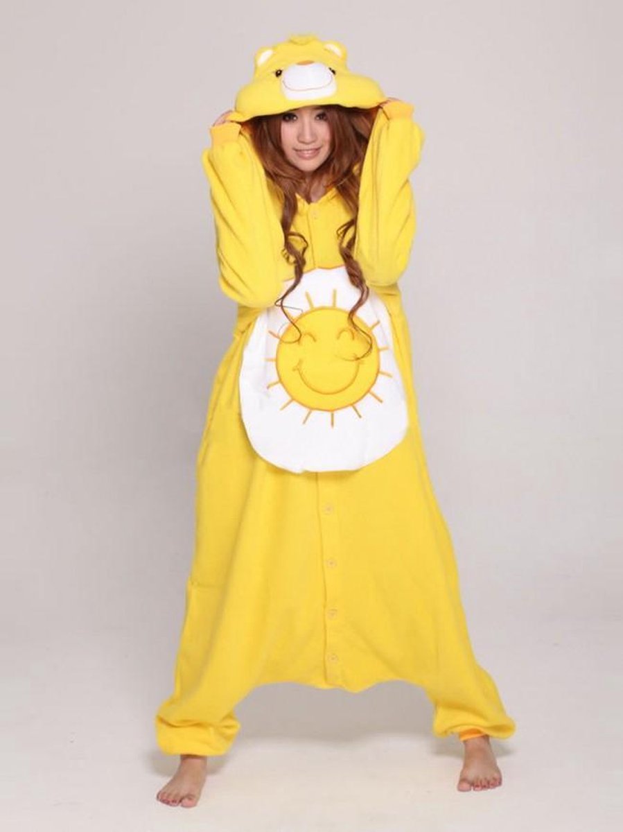 KIMU Onesie Troetelbeer geel - maat XS-S - Troetelbeertjes pak Funshine Bear zon kostuum berenpak beer jumpsuit