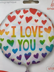 Standard Iridescent Rainbow Hearts Foil Balloon circle S55 packaged