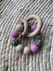 SIIDDS Bijtring/rammelaar havermout/zand - leopard - cashmere roze - baby - doorkomende tandjes - bijt speelgoed - siliconen/hout - cadeau - kraamcadeau - babyshower