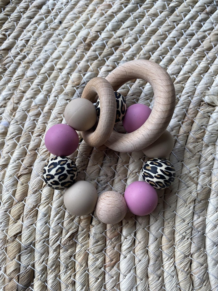 SIIDDS Bijtring/rammelaar havermout/zand - leopard - cashmere roze - baby - doorkomende tandjes - bijt speelgoed - siliconen/hout - cadeau - kraamcadeau - babyshower