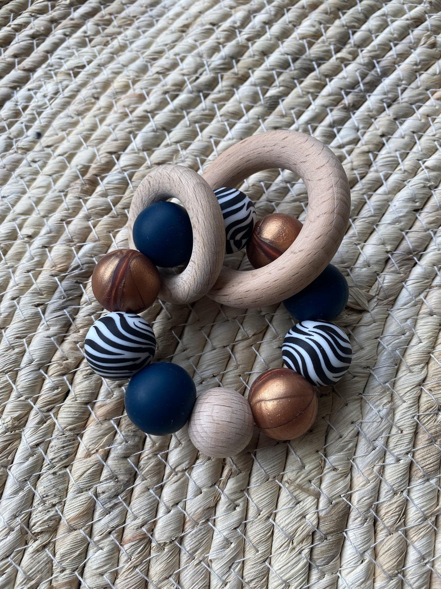 SIIDDS Bijtring/rammelaar - donker teal - zebra - brons - baby - doorkomende tandjes - bijt speelgoed - siliconen/hout - cadeau - kraamcadeau - babyshower