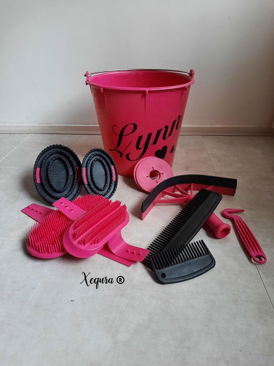 10 Delig gepersonaliseerde Roze poets emmer- manenkam-zweetmes-bitringen-roskam-paardekam-hoefkrabber-Glitter-NEON- Pony-Paard- poetsen-Roze