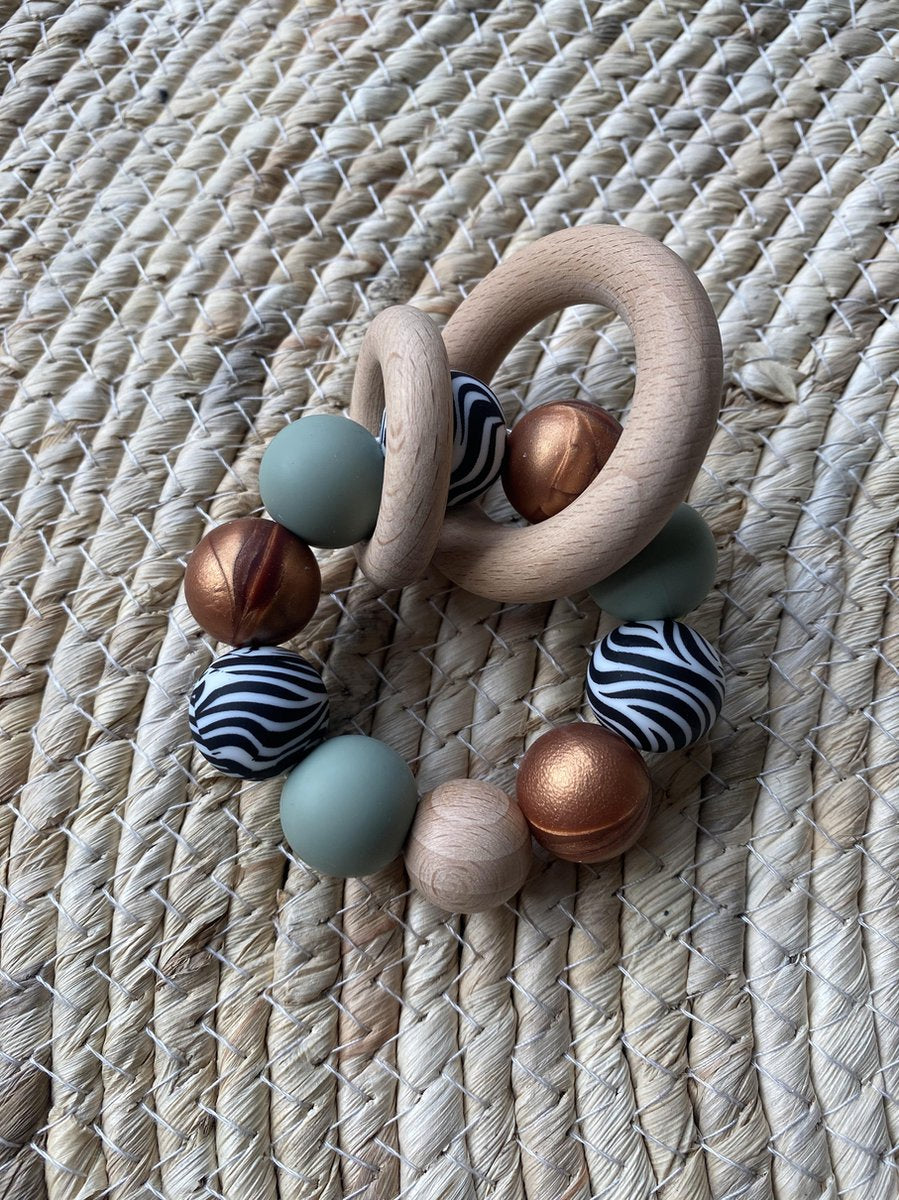 SIIDDS Bijtring/rammelaar oud groen - zebra - brons - baby - doorkomende tandjes - bijt speelgoed - siliconen/hout - cadeau - kraamcadeau - babyshower