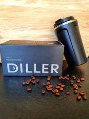Design thermosbeker mat zwart - reisbeker - koffiebeker to go - thee - 6 tot 8 uur warm - Lekvrij - hoge kwaliteit RVS - dubbelwandig - Diller - Travel Mug - 450 ml - vaderdag cadeautje