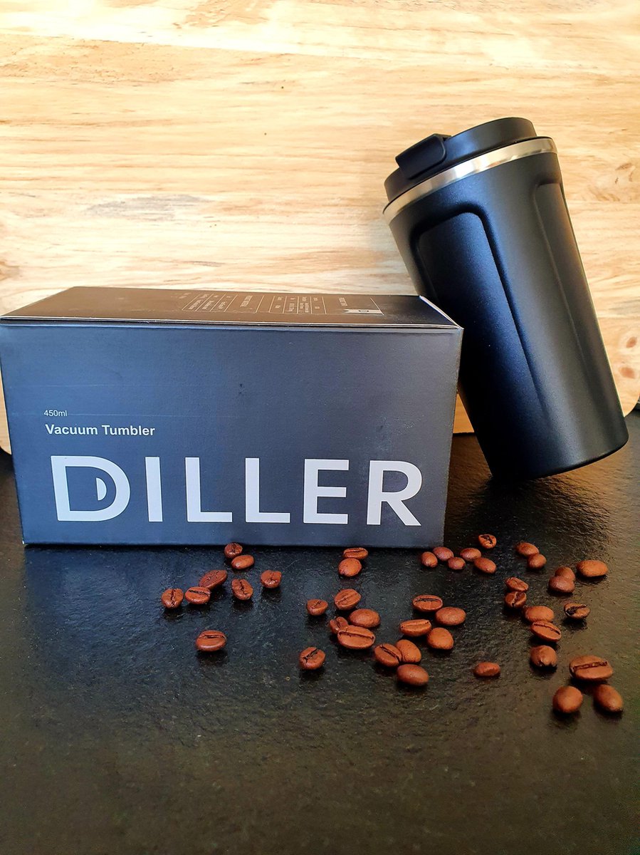 Design thermosbeker mat zwart - reisbeker - koffiebeker to go - thee - 6 tot 8 uur warm - Lekvrij - hoge kwaliteit RVS - dubbelwandig - Diller - Travel Mug - 450 ml - vaderdag cadeautje